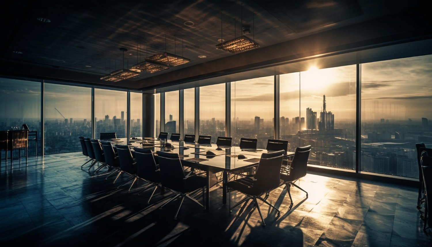 An empty boardroom at dusk overlooking a city skyline