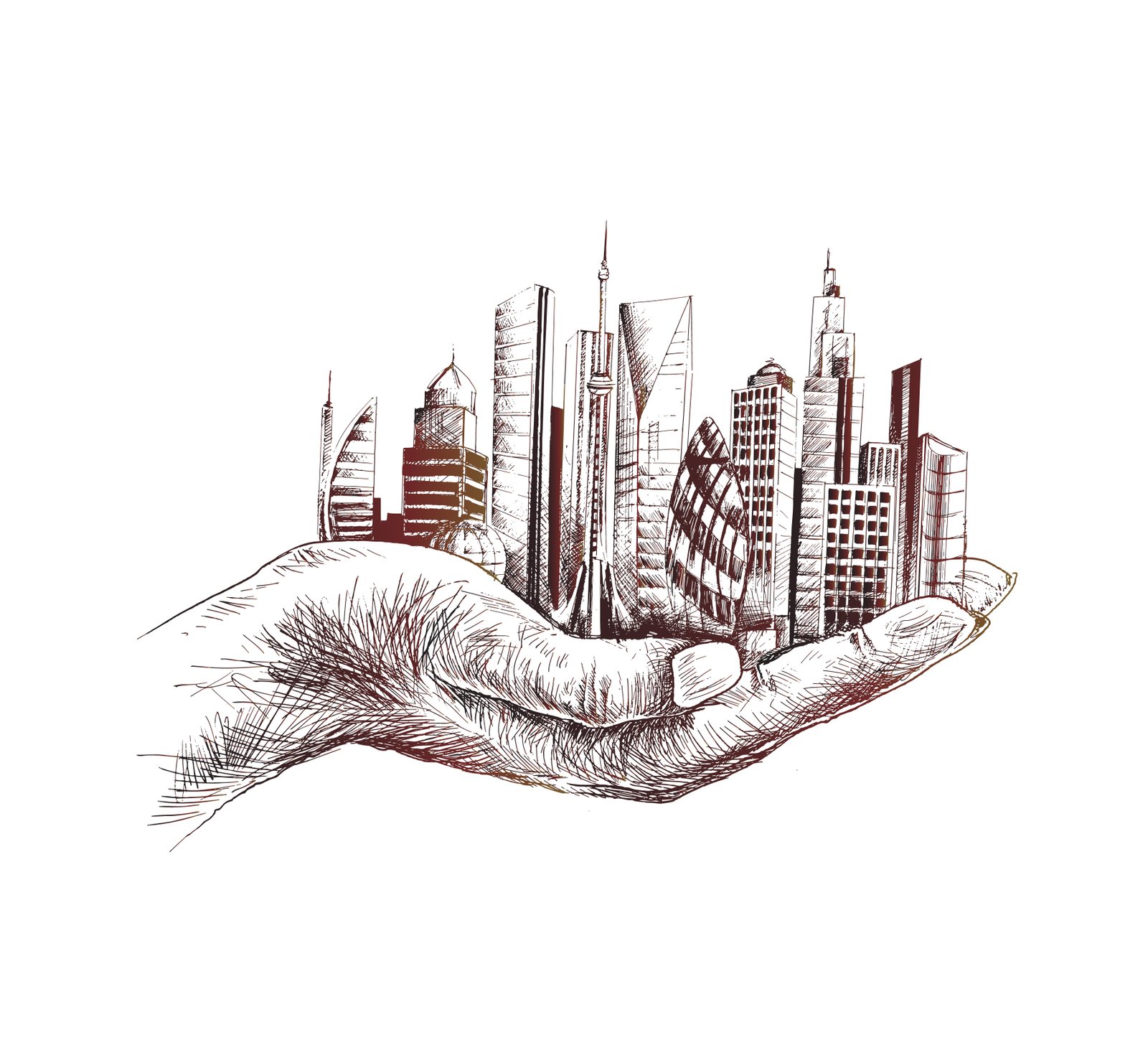 Sketch of a city skyline held in an open hand